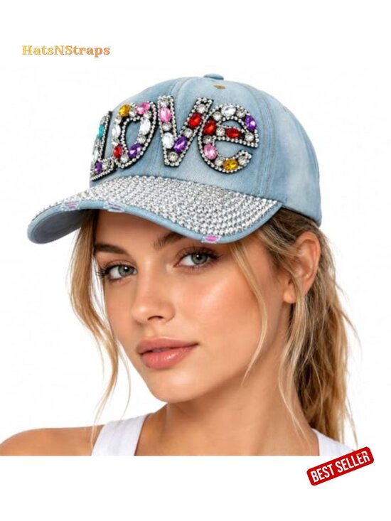 Shiny Bling Love Rhinestone Baseball Cap Summer Adjustable Mesh Ventilated Sun main image 4